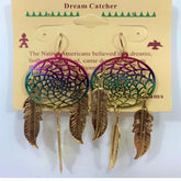 Wholesale 3-Inch Metal Dream Catcher Rainbow Dangle Earrings with Gold Feathers (SOLD BY THE PAIR)